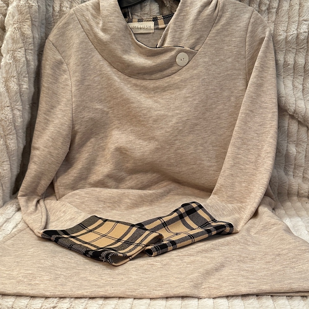 Lime Lush Beige Cowl Neck Hoodie with Plaid Accents